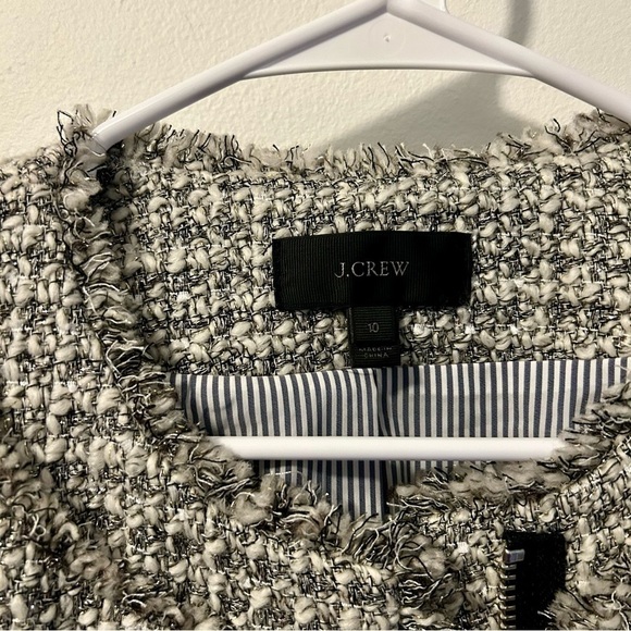 J. Crew Gray Cream Tweed Cropped Jacket Blazer w/ Pockets Fringe Trim - Picture 2 of 10